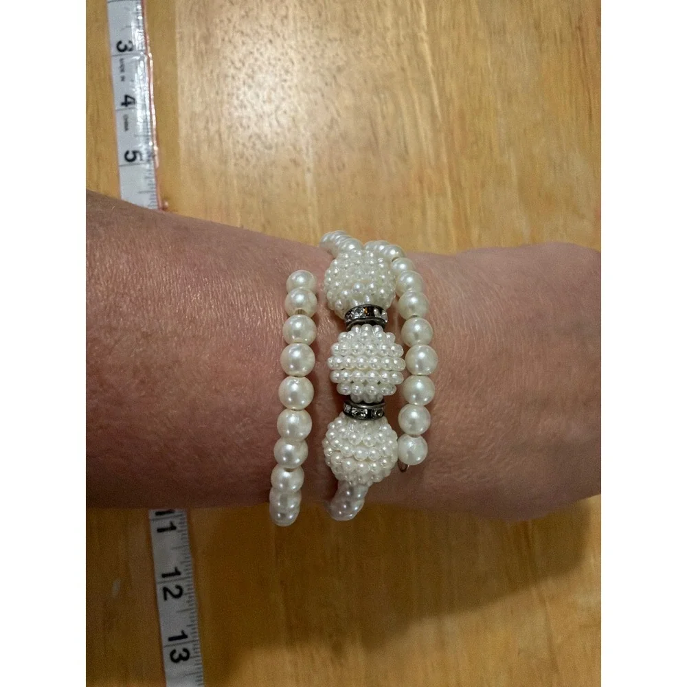 White Faux Pearl Triple‎ Strand Wrap Coil Bracelet with Crystal Accents Bridal